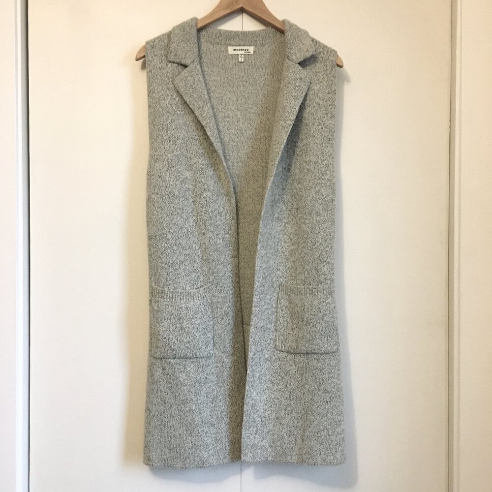 Monteau Los Angeles Long Grey Knit Pocketed Sleeveless Open Cardigan Small